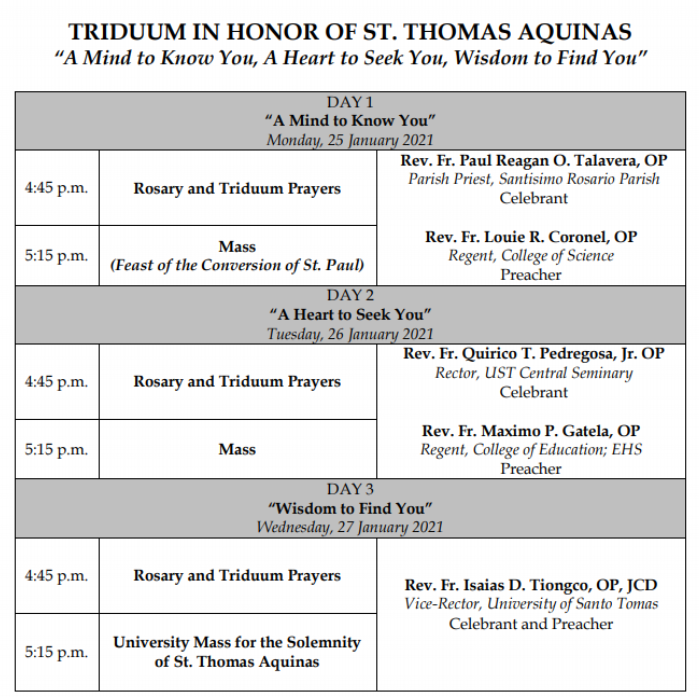 UST to greet feast of St. Thomas Aquinas with triduum; no classes on